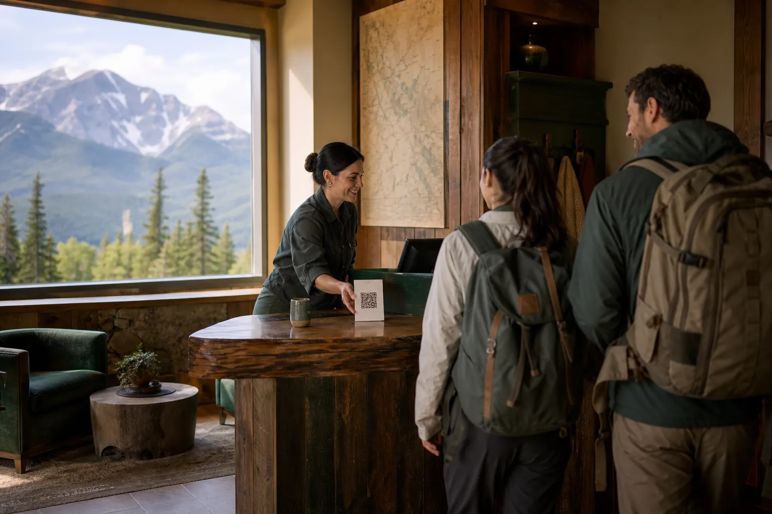 A lodge host sharing a Bow Valley guest guide at check-in